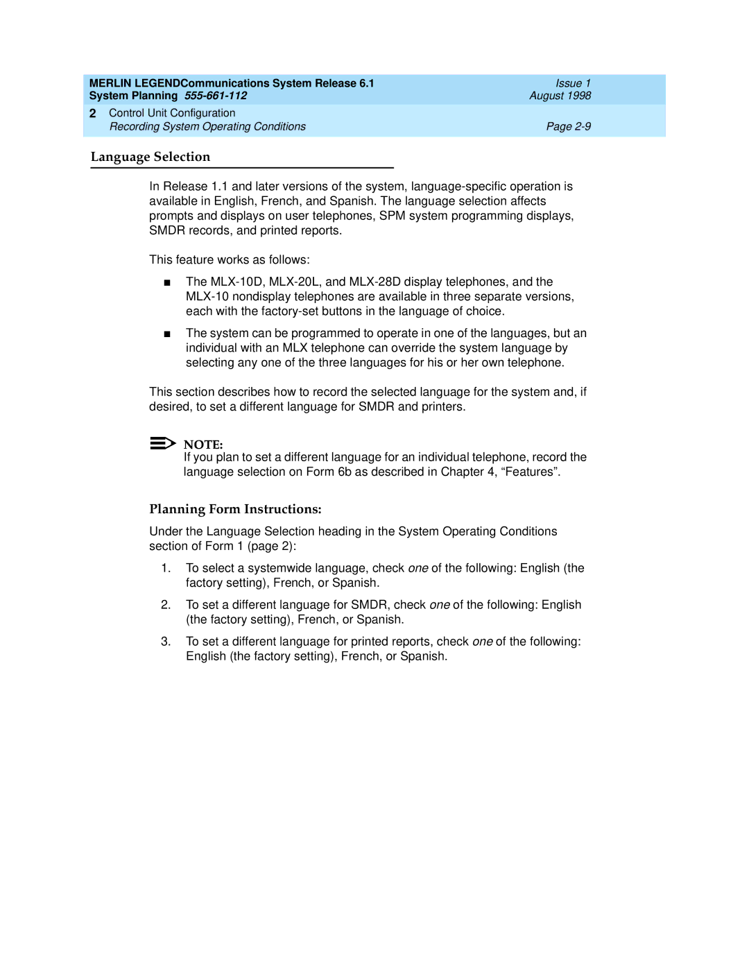 Lucent Technologies 6.1 manual Language Selection 