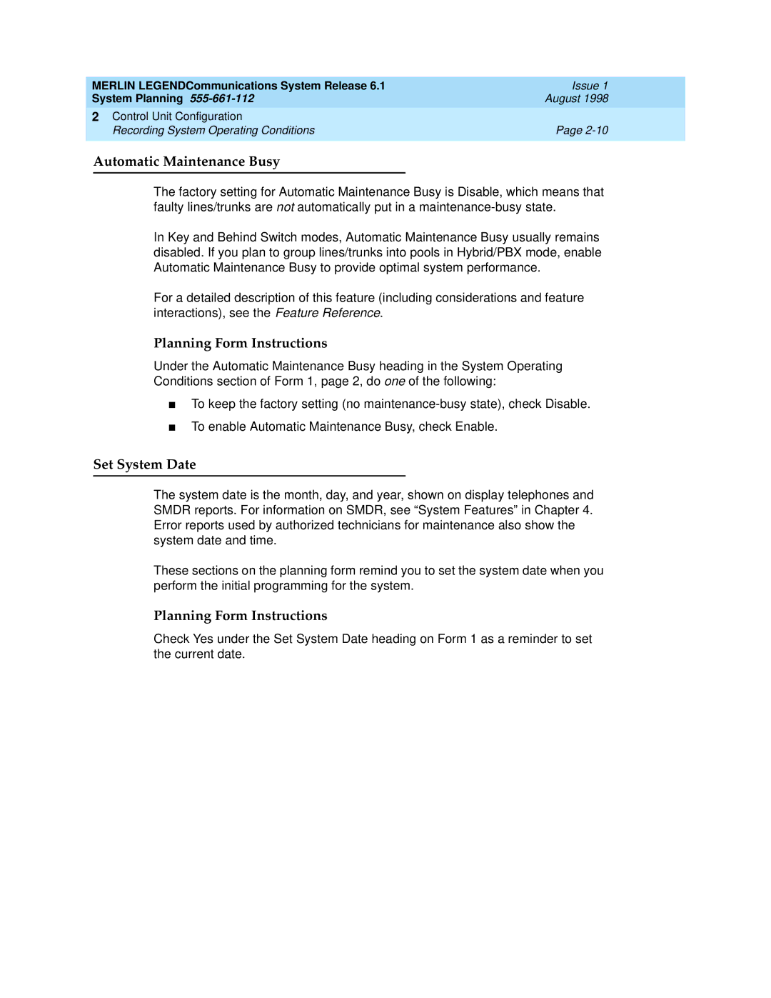 Lucent Technologies 6.1 manual Automatic Maintenance Busy, Set System Date 