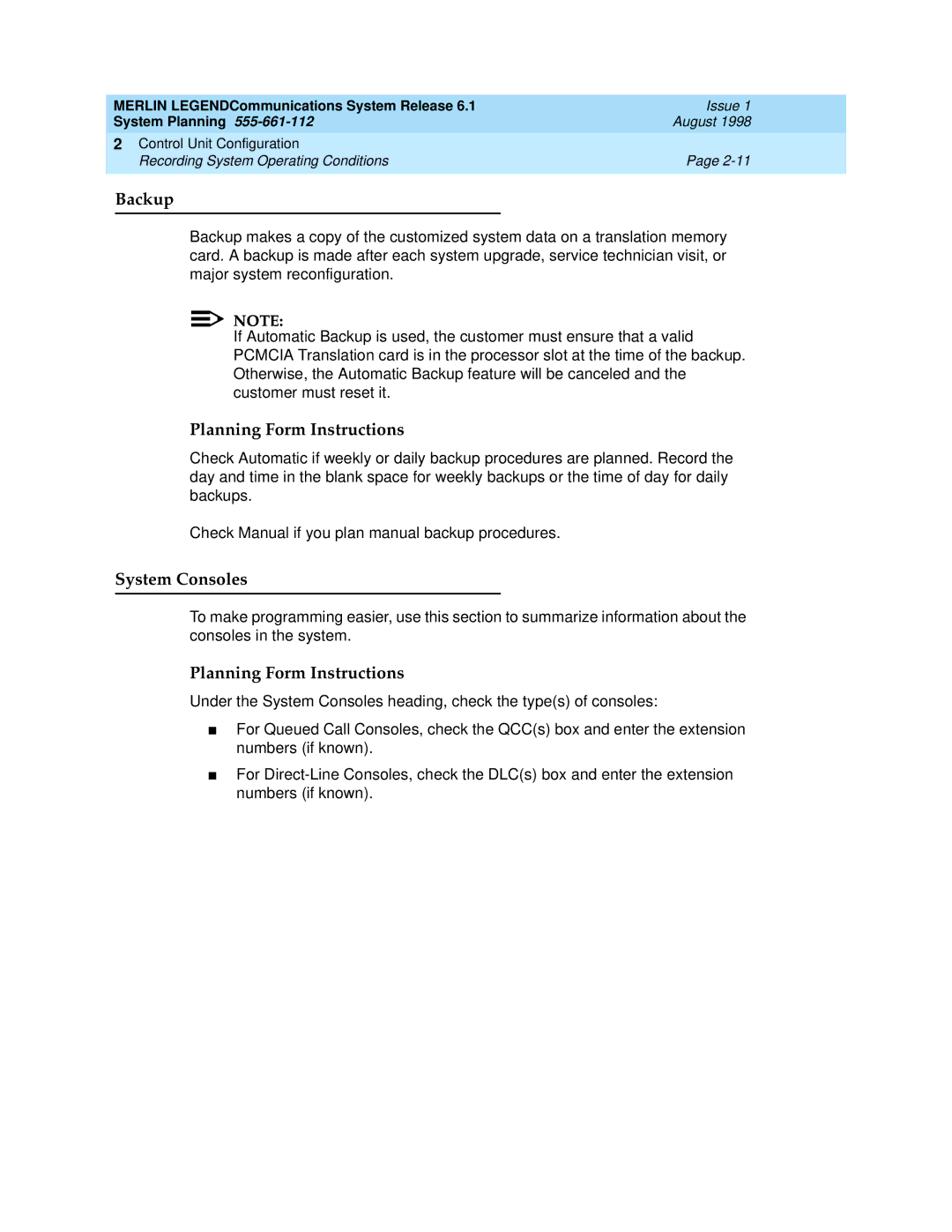 Lucent Technologies 6.1 manual Backup, System Consoles 