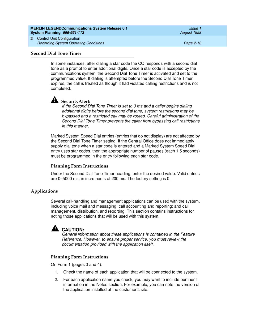 Lucent Technologies 6.1 manual Second Dial Tone Timer, SecurityAlert, Applications 