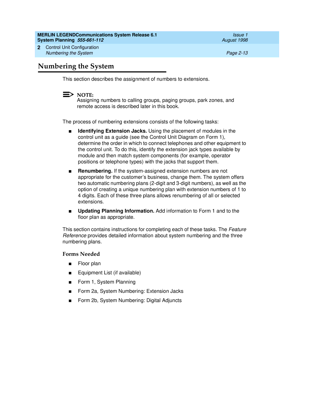 Lucent Technologies 6.1 manual Numbering the System, Forms Needed 