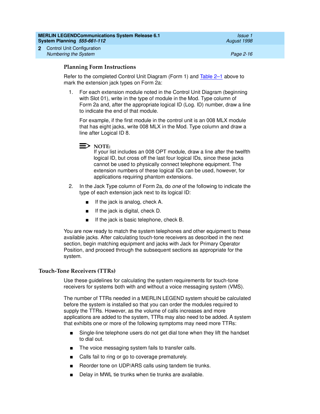 Lucent Technologies 6.1 manual Touch-Tone Receivers TTRs 