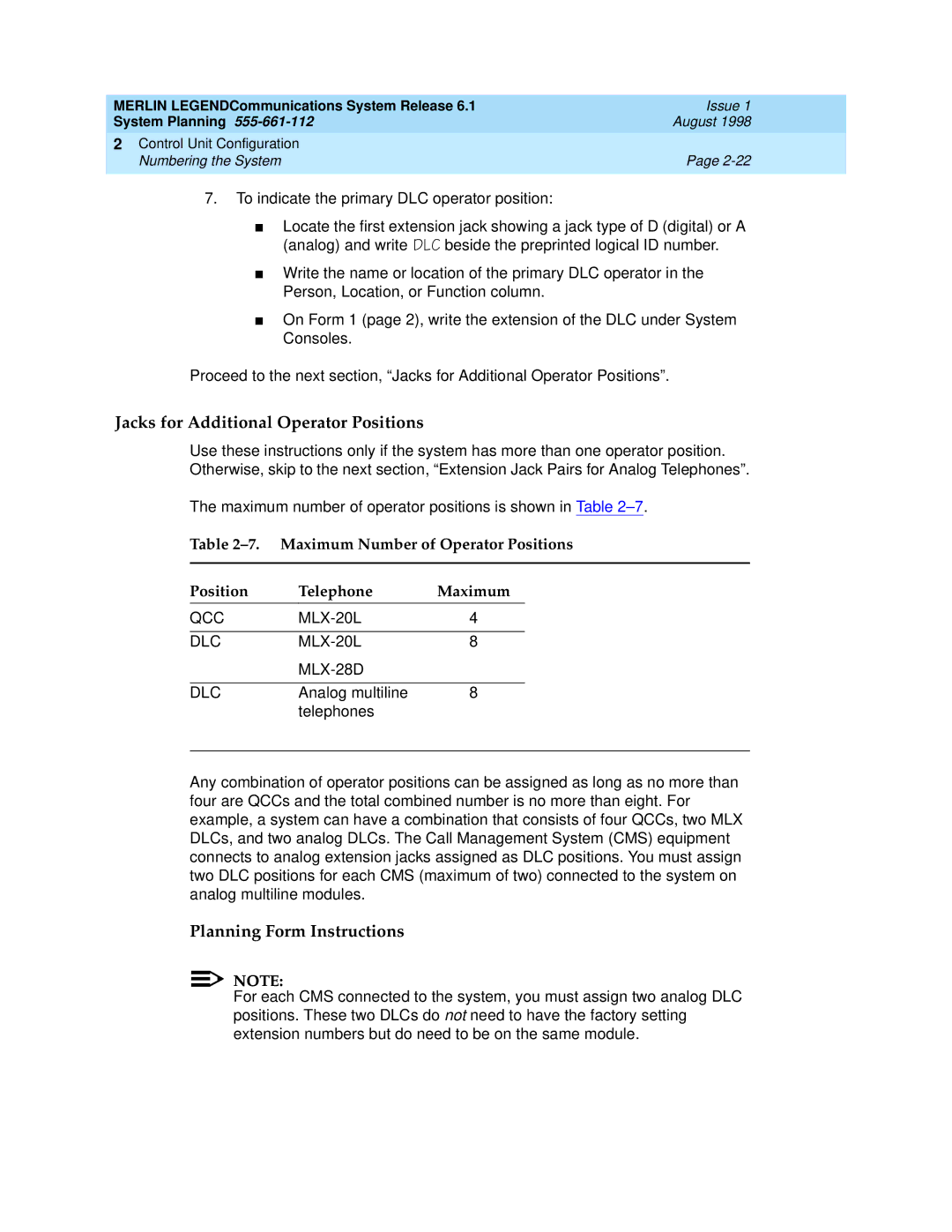 Lucent Technologies 6.1 Jacks for Additional Operator Positions, Maximum Number of Operator Positions Telephone, Qcc, Dlc 