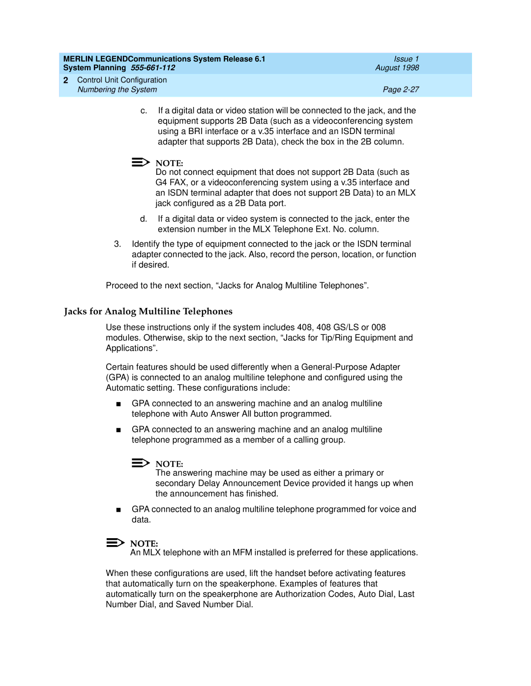 Lucent Technologies 6.1 manual Jacks for Analog Multiline Telephones 