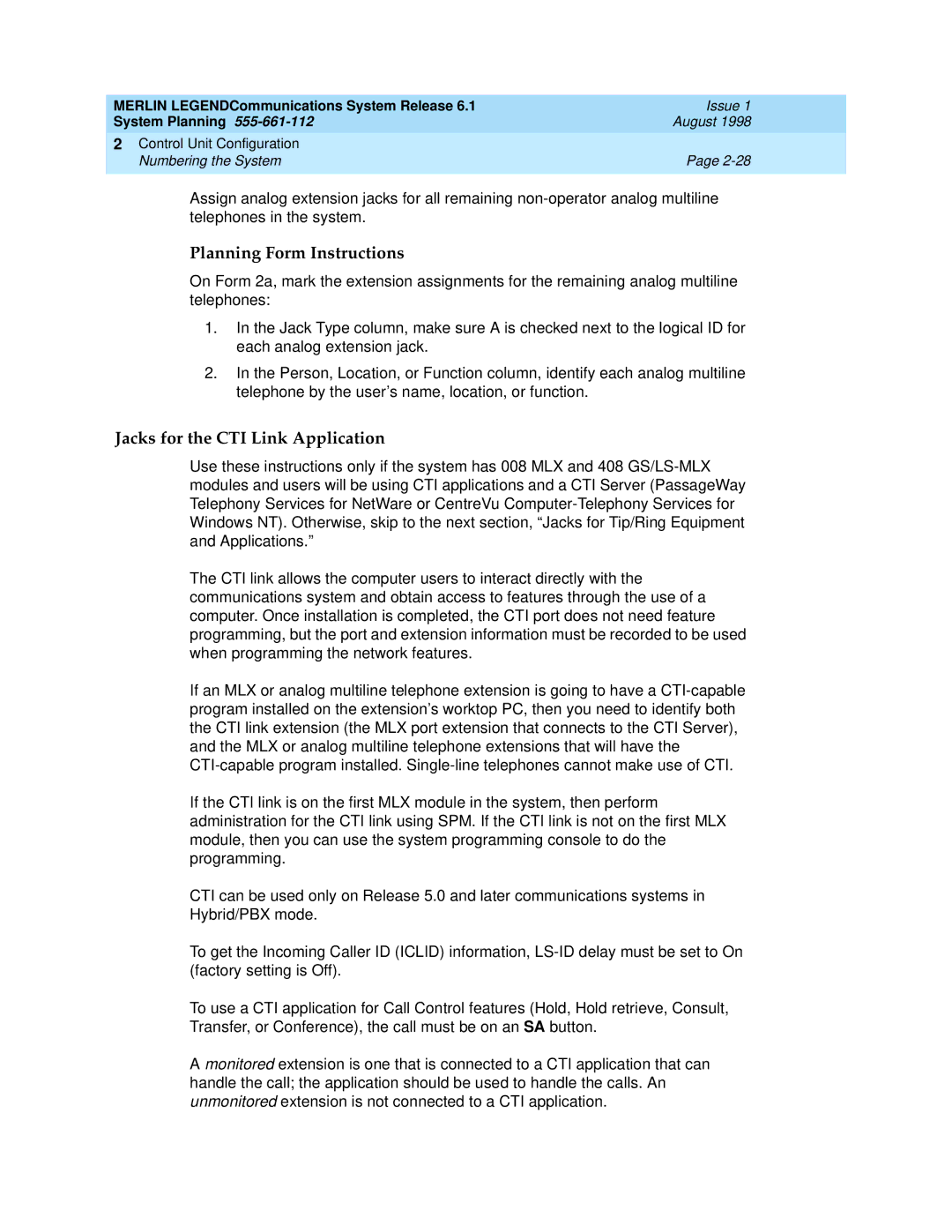 Lucent Technologies 6.1 manual Jacks for the CTI Link Application 