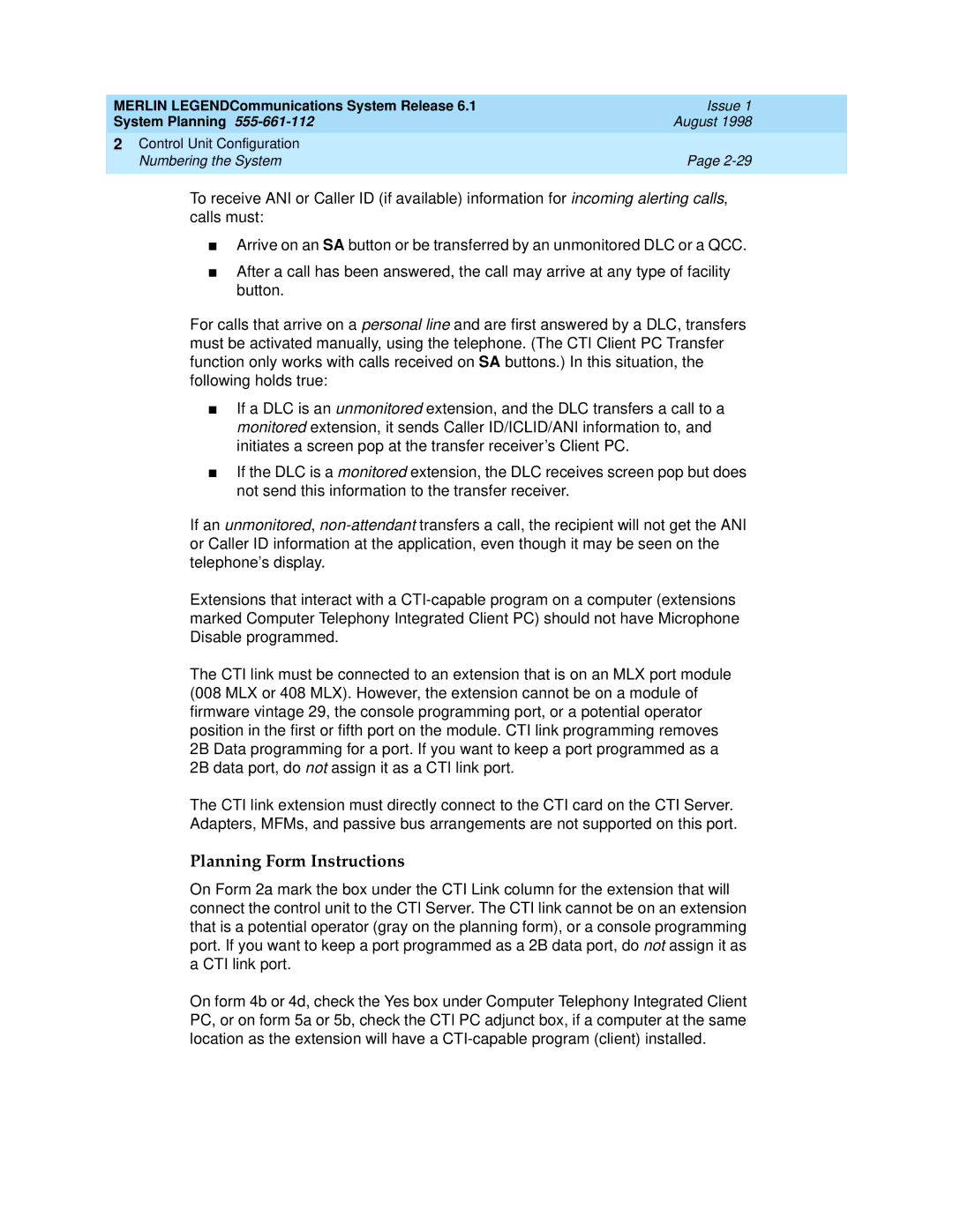 Lucent Technologies 6.1 manual Planning Form Instructions 