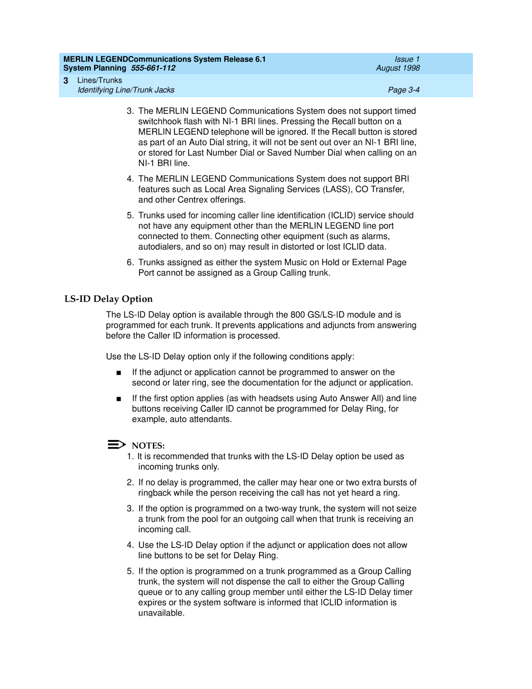 Lucent Technologies 6.1 manual LS-ID Delay Option 