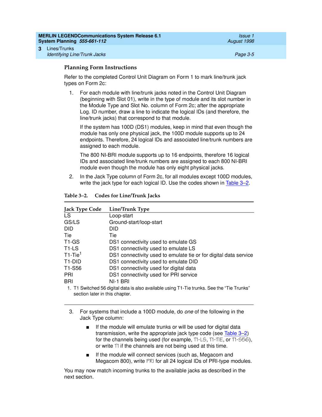 Lucent Technologies 6.1 manual Codes for Line/Trunk Jacks Jack Type Code Line/Trunk Type, T1-DID, BRI NI-1 BRI 