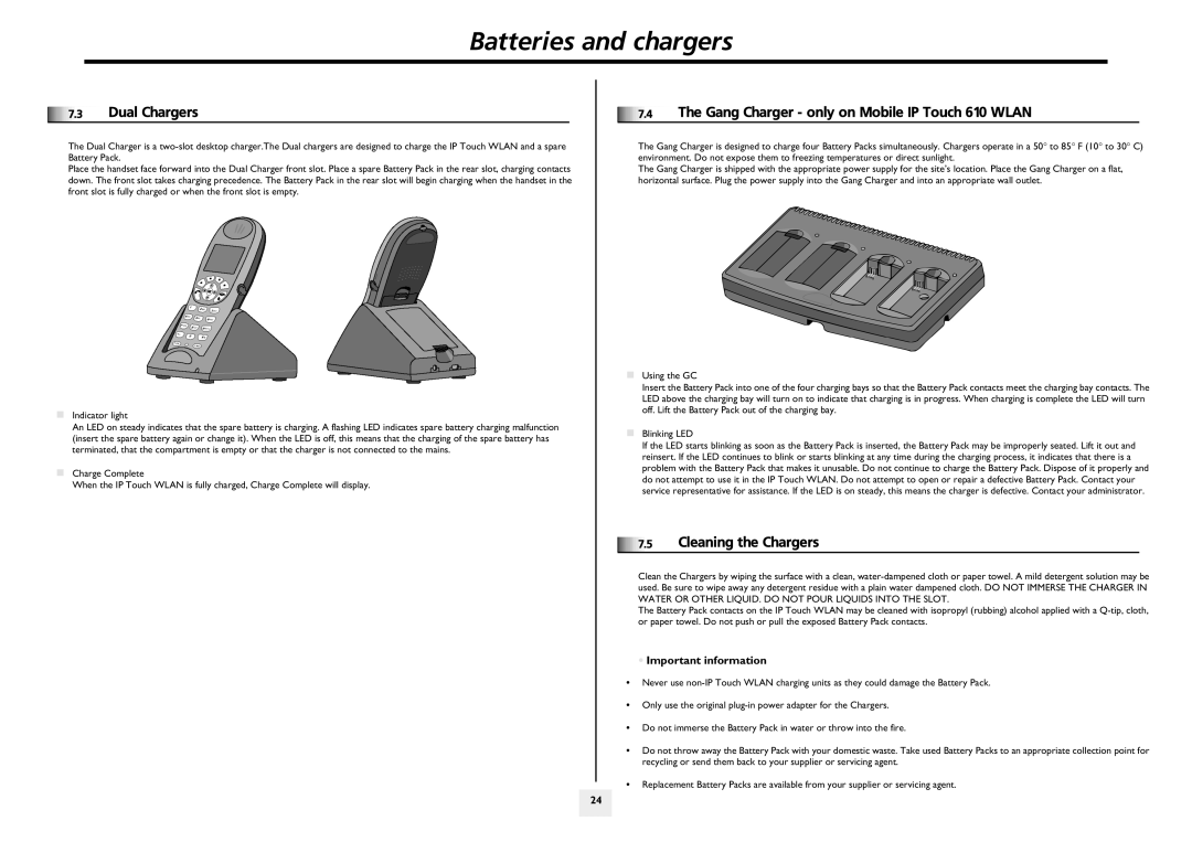 Lucent Technologies 310 manual Batteries and chargers, Dual Chargers, Gang Charger only on Mobile IP Touch 610 Wlan 