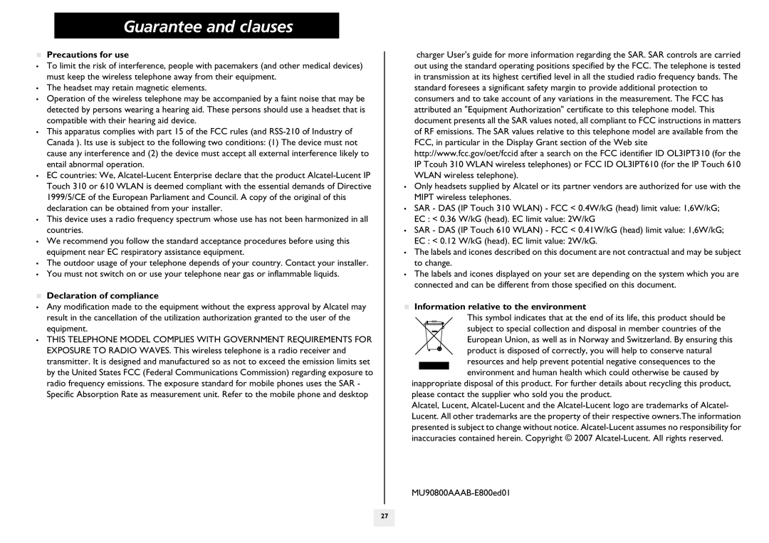 Lucent Technologies 310, 610 manual Guarantee and clauses, „ Precautions for use, „ Declaration of compliance 