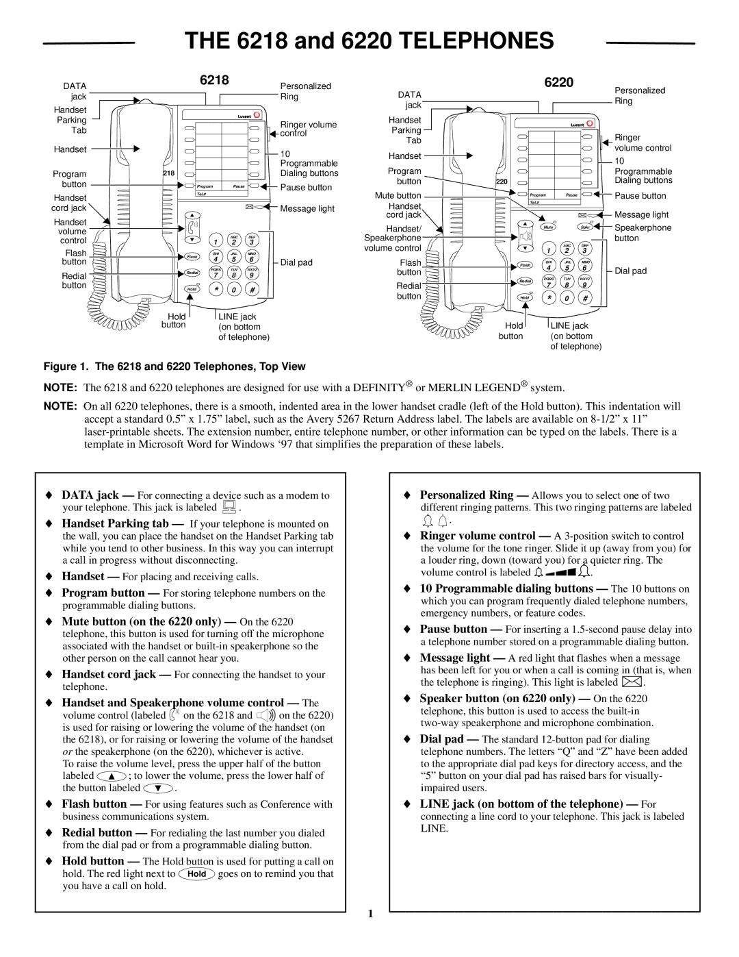 Lucent Technologies 6218 manual and 6220 Telephones, Handset and Speakerphone volume control 