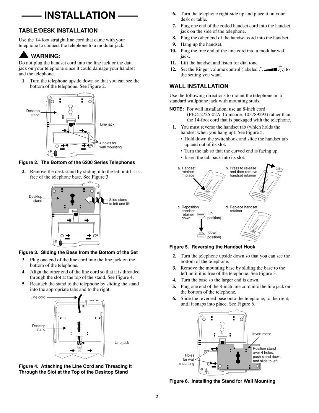 Lucent Technologies 6220, 6218 manual TABLE/DESK Installation, Wall Installation 