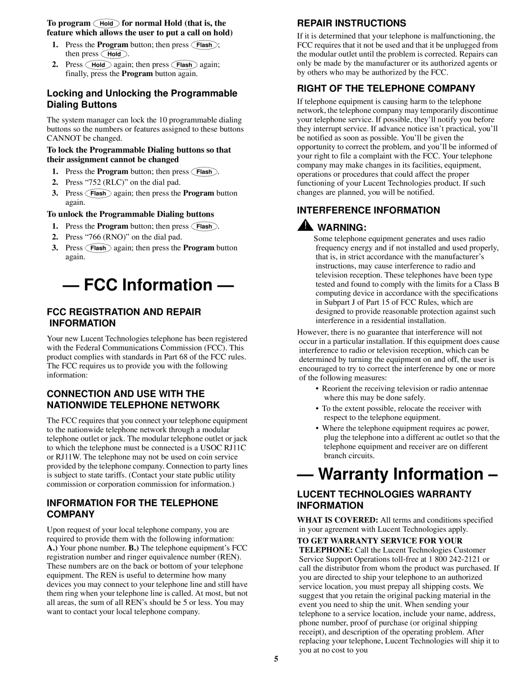 Lucent Technologies 6218, 6220 manual FCC Information, Warranty Information 