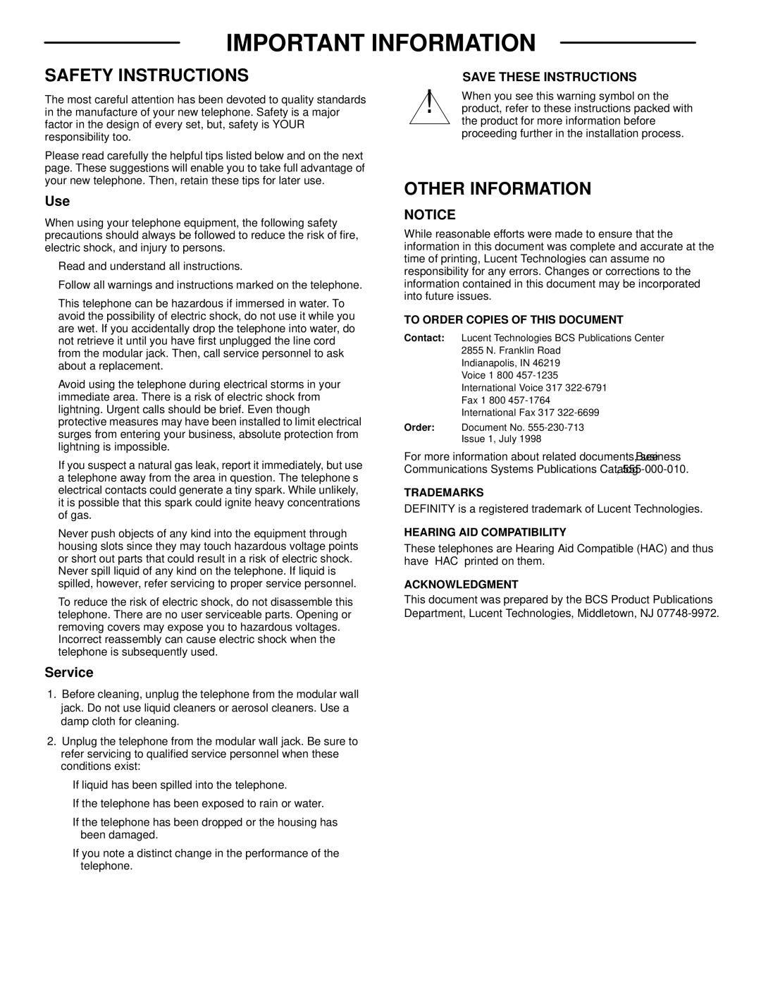 Lucent Technologies 6225 manual Important Information, Use, Service 