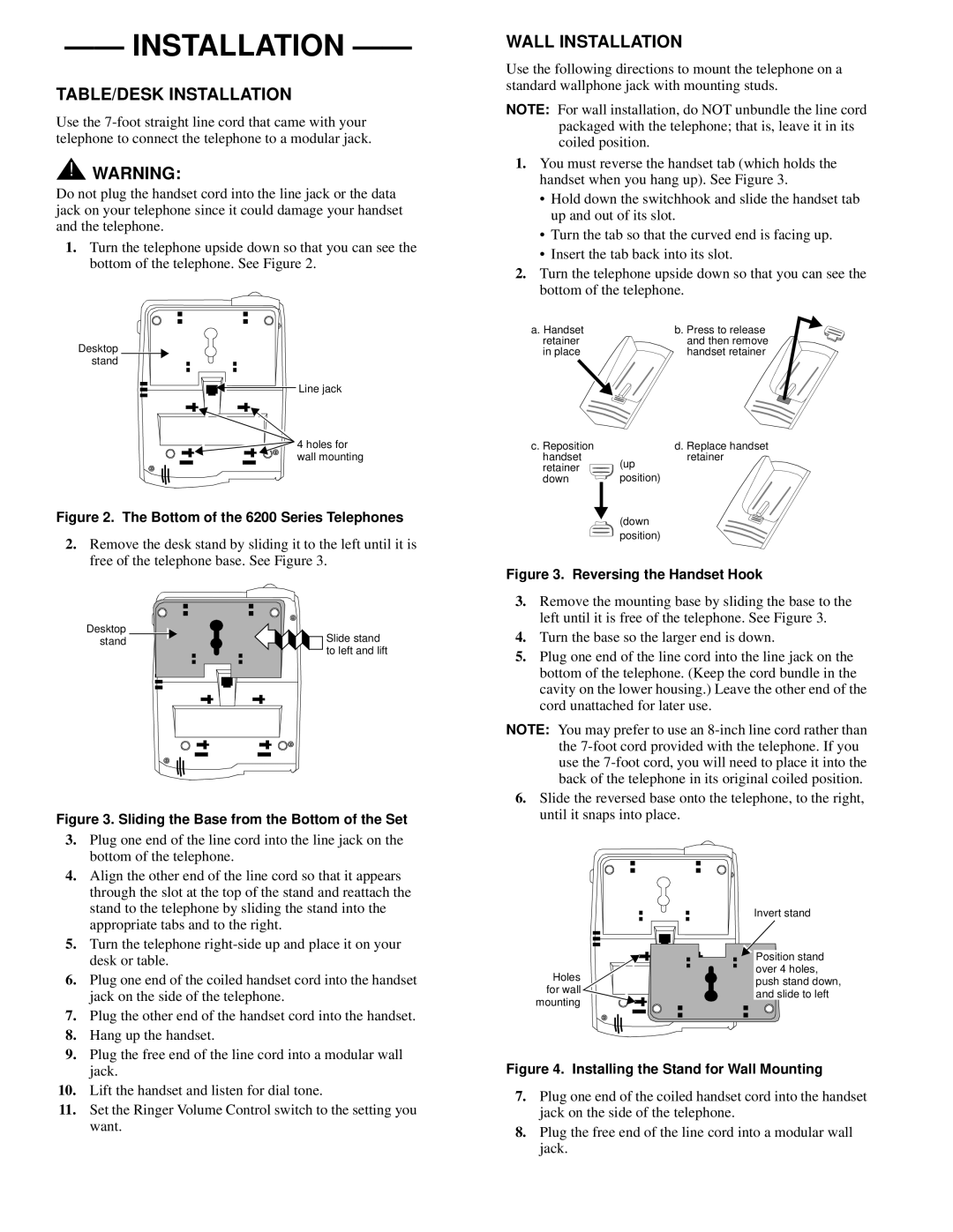 Lucent Technologies 6225 manual TABLE/DESK Installation, Wall Installation 