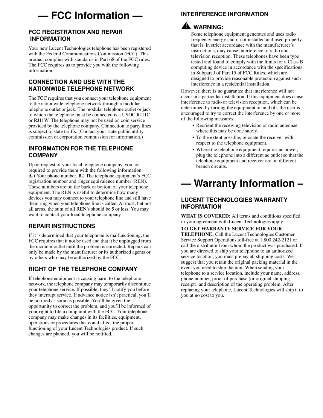 Lucent Technologies 6225 manual FCC Information, Warranty Information 