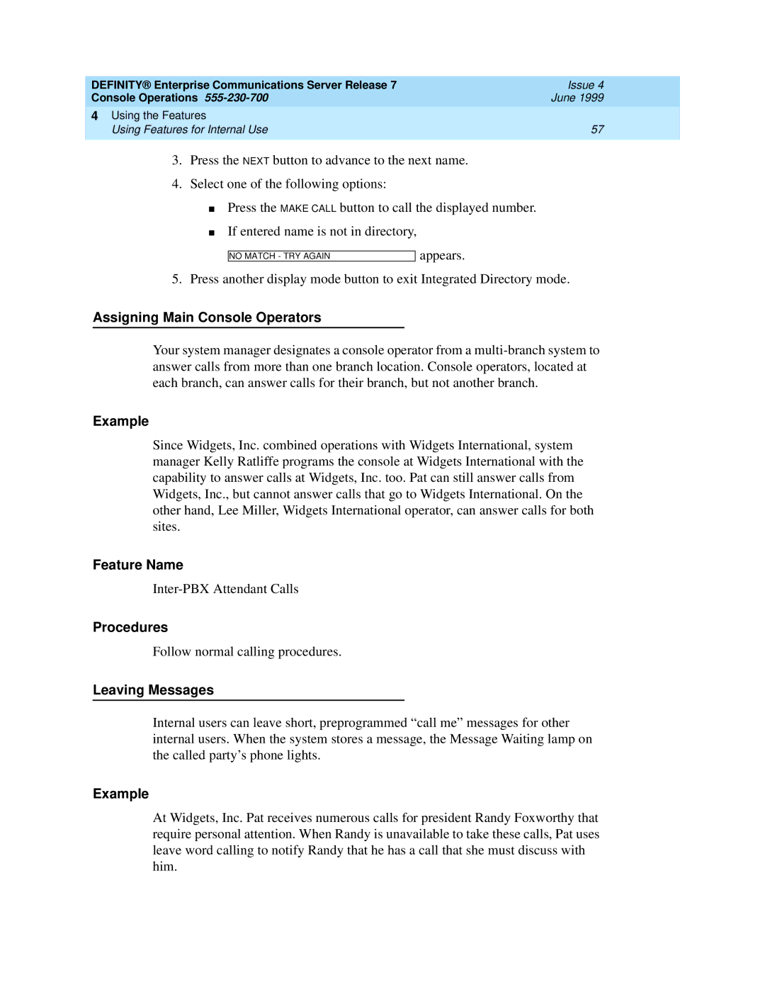 Lucent Technologies 7103A, 7101A, 2500 manual Assigning Main Console Operators, Leaving Messages 