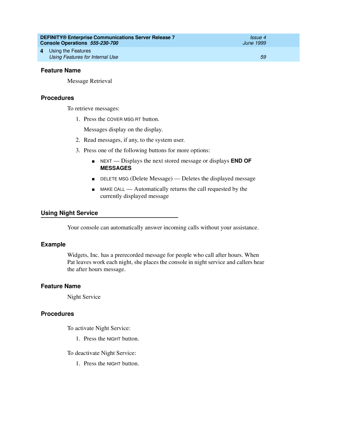 Lucent Technologies 2500, 7103A, 7101A manual Using Night Service 