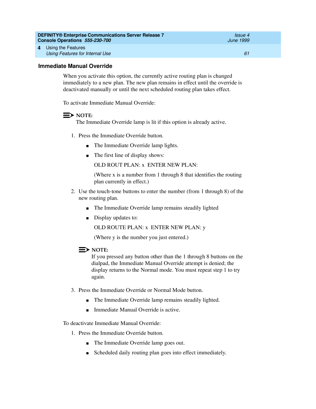 Lucent Technologies 7101A, 7103A, 2500 manual Immediate Manual Override 