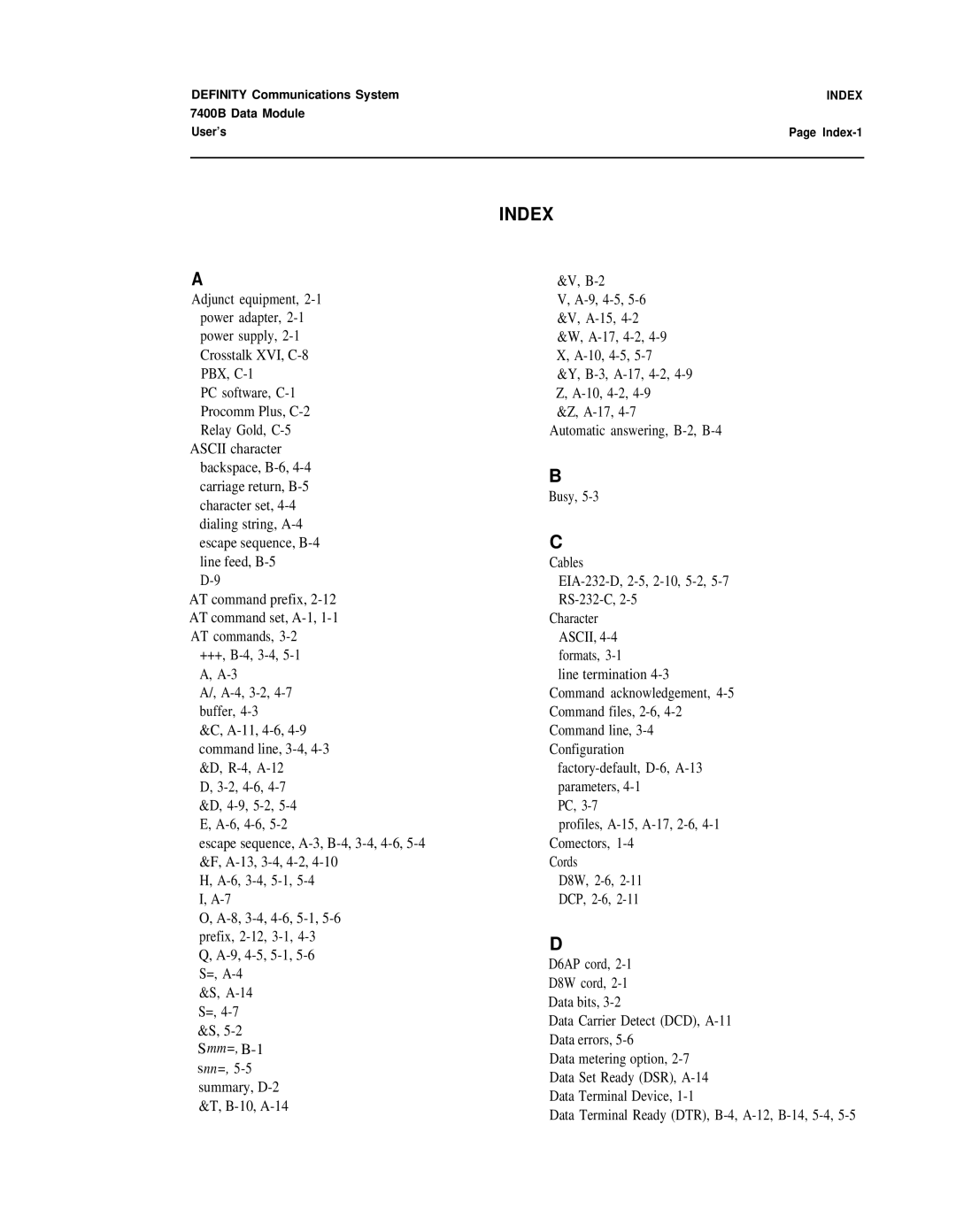 Lucent Technologies 7400B manual Index 