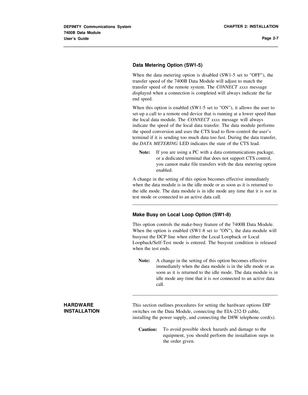 Lucent Technologies 7400B manual Data Metering Option SW1-5, Make Busy on Local Loop Option SW1-8, Installation 