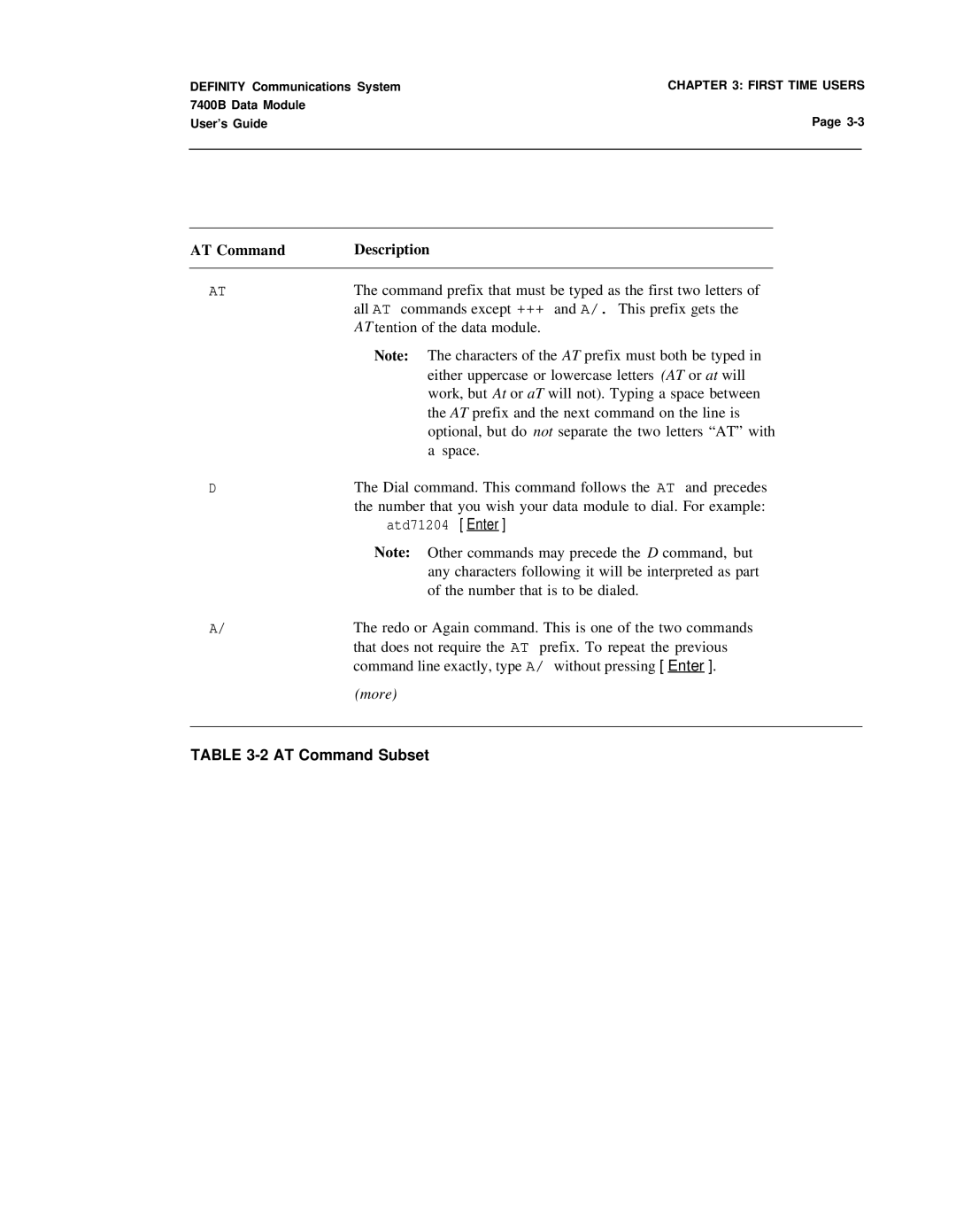 Lucent Technologies 7400B manual AT Command Description, More, AT Command Subset 