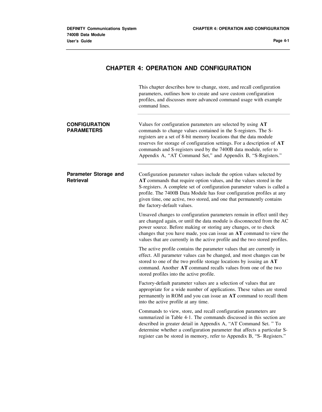 Lucent Technologies 7400B manual Operation and Configuration, Configuration Parameters 