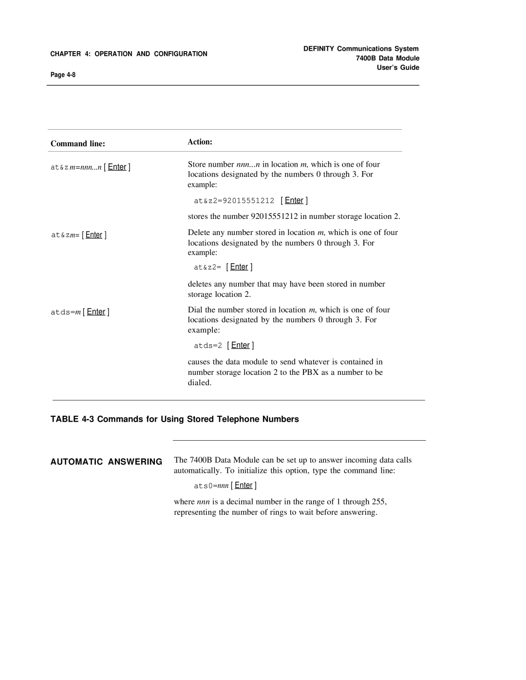 Lucent Technologies 7400B manual At&z m=nnn...n Enter, Commands for Using Stored Telephone Numbers 