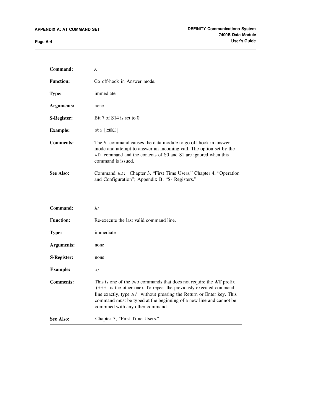 Lucent Technologies 7400B manual CommandA, Arguments none Registernone Examplea 