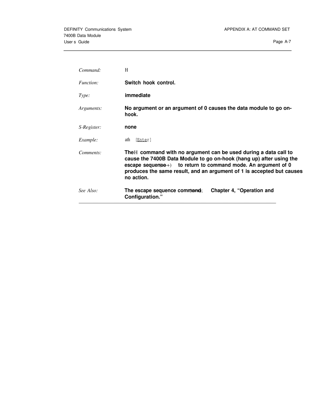 Lucent Technologies 7400B manual Switch hook control 