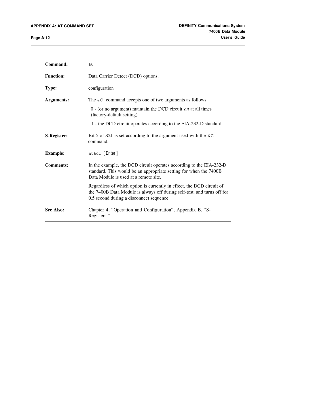 Lucent Technologies 7400B manual Data Carrier Detect DCD options 