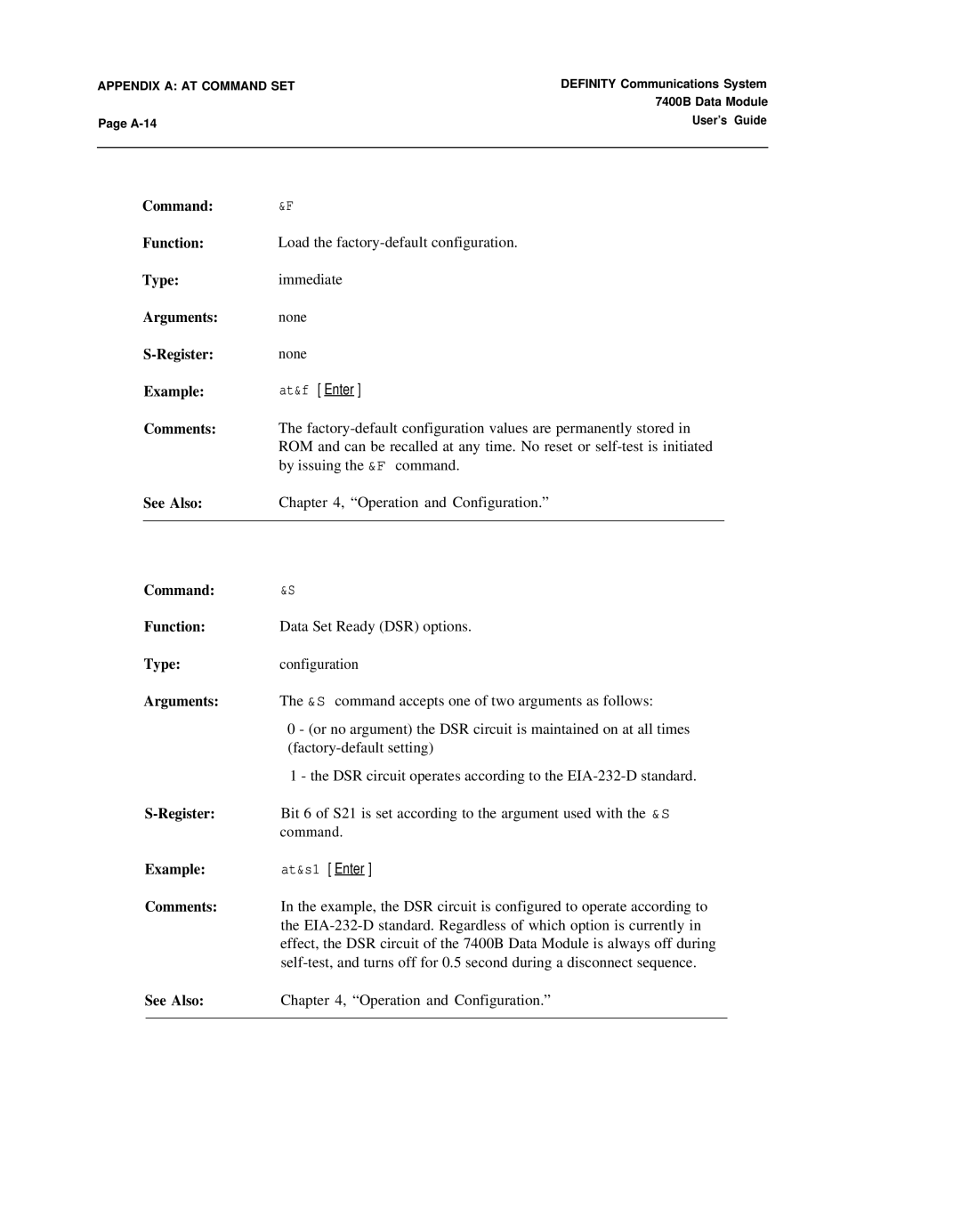 Lucent Technologies 7400B manual Command&F, Arguments none Registernone Example 