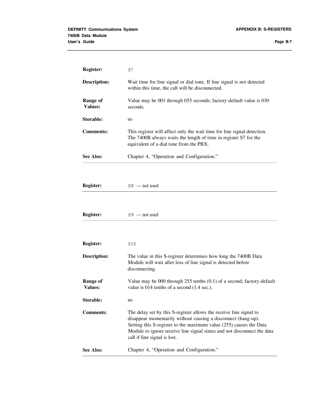 Lucent Technologies 7400B manual Register S8 not used S9 not used 