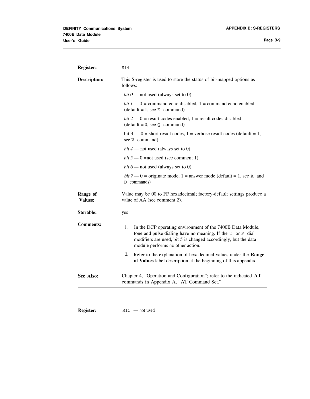 Lucent Technologies 7400B manual Register Description Range Values Storable Comments See Also, Register S15 not used 