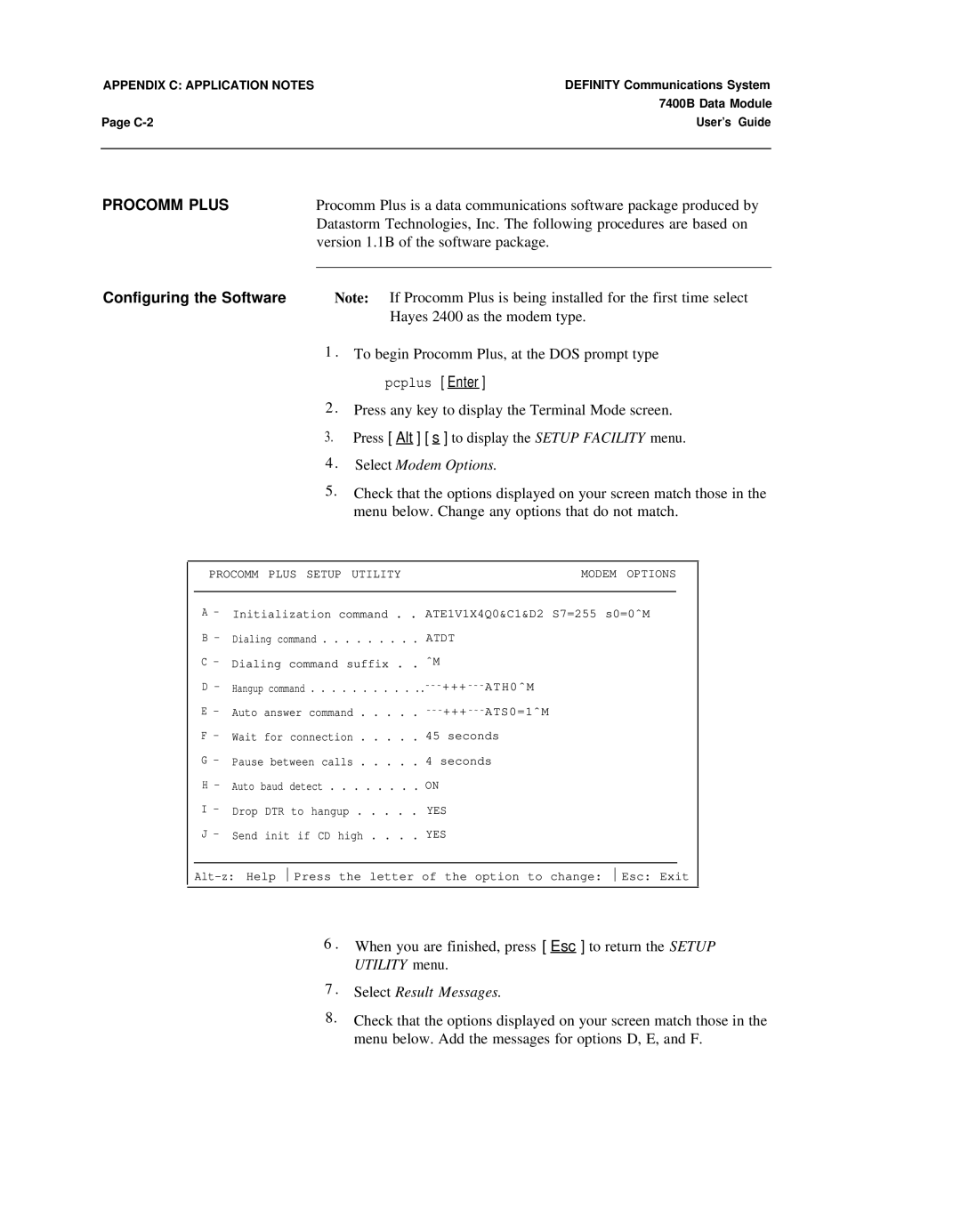 Lucent Technologies 7400B manual Procomm Plus, Configuring the Software, Select Modem Options, Select Result Messages 