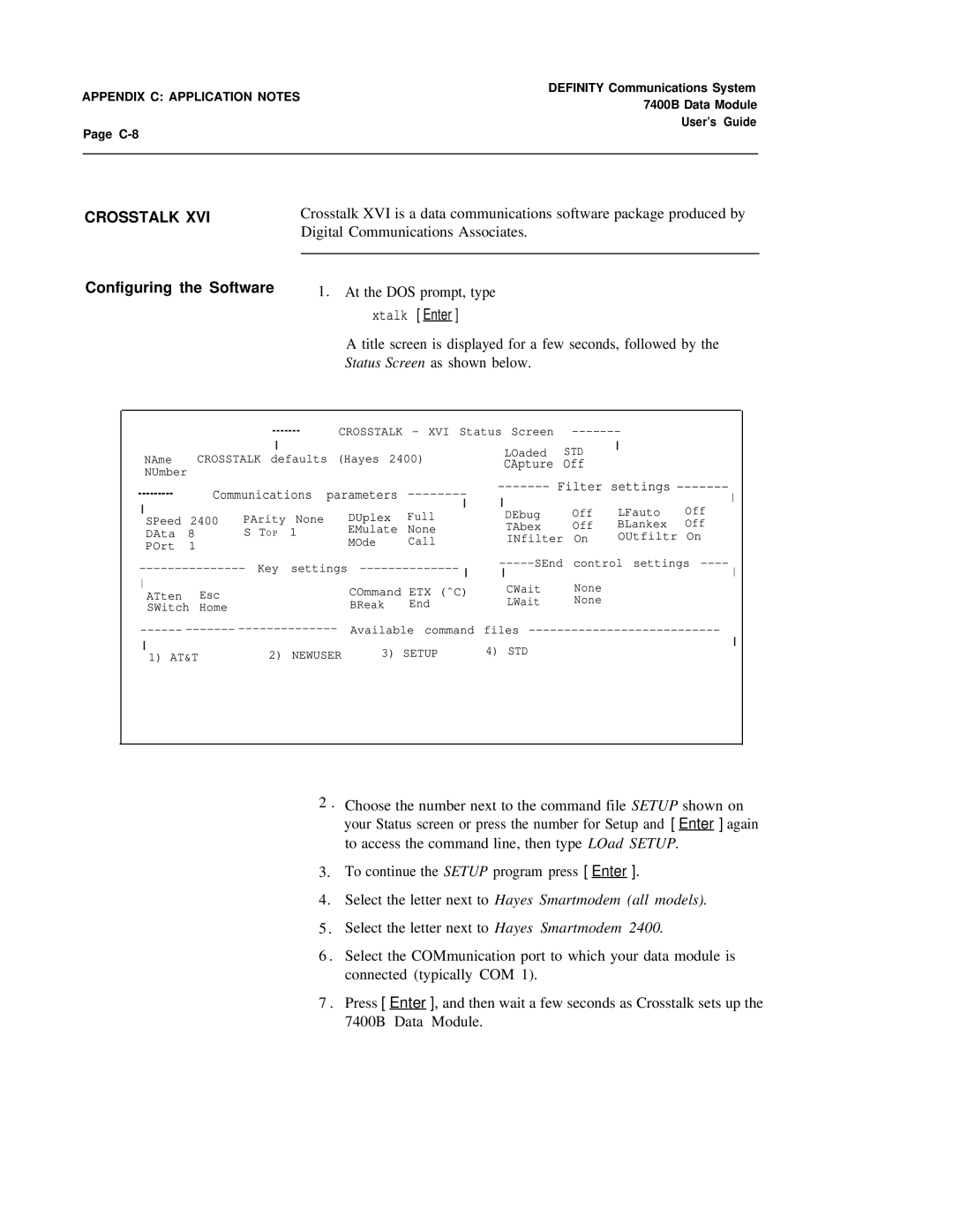 Lucent Technologies 7400B manual Crosstalk, Select the letter next to Hayes Smartmodem all models 