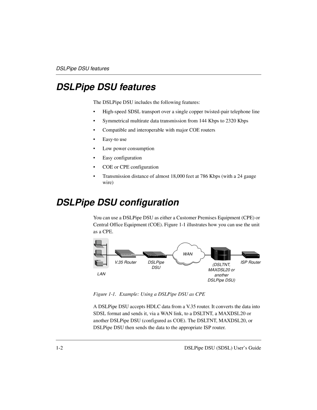 Lucent Technologies 7820-0657-001 manual DSLPipe DSU features, DSLPipe DSU configuration 