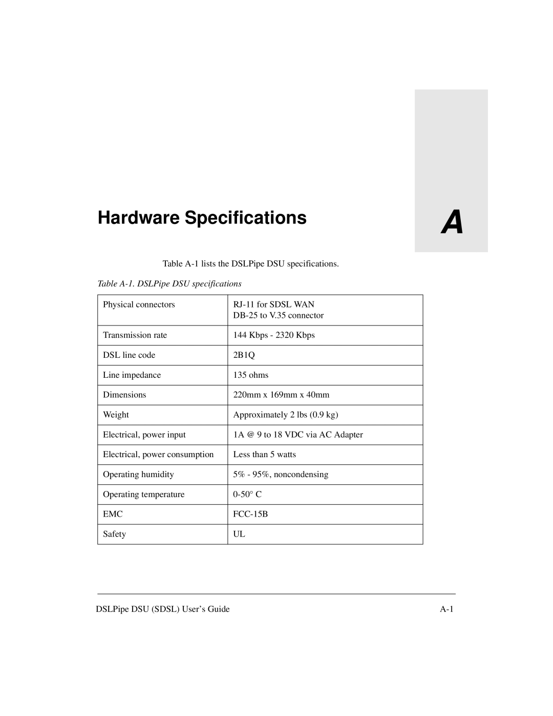 Lucent Technologies 7820-0657-001 manual Hardware Specifications, Table A-1. DSLPipe DSU specifications 