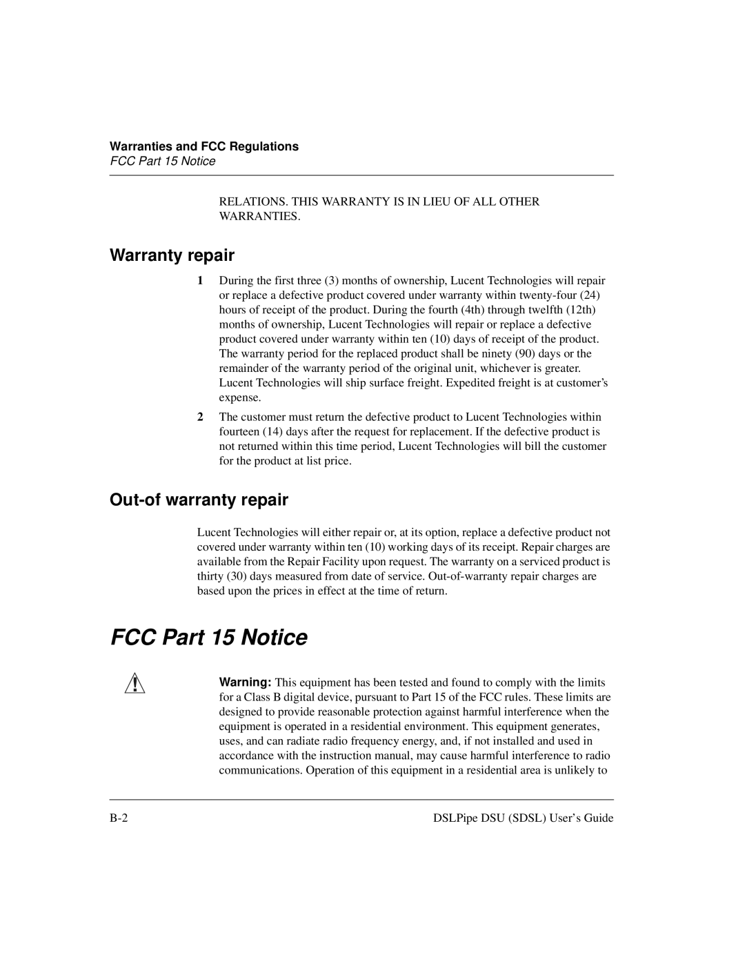 Lucent Technologies 7820-0657-001 manual FCC Part 15 Notice, Warranty repair 