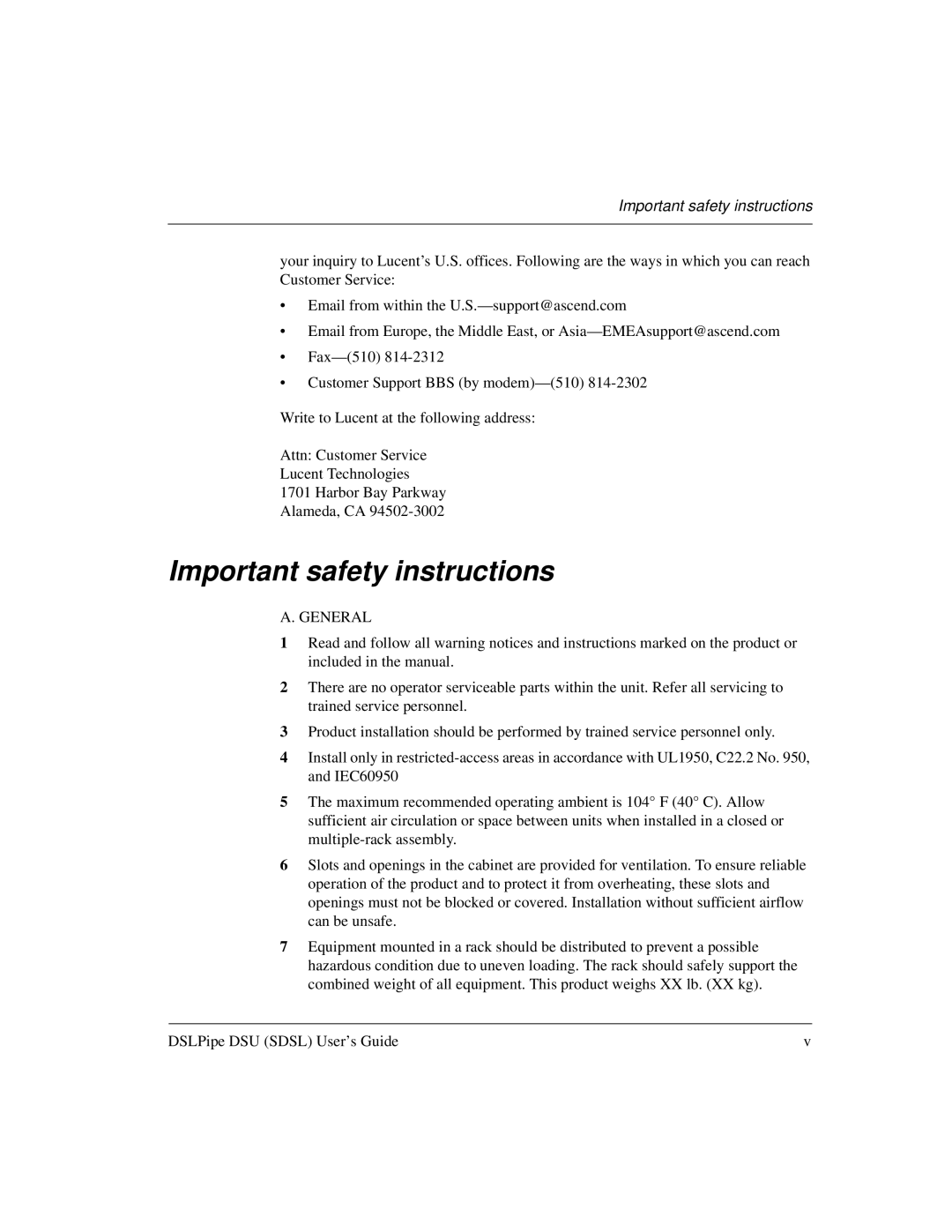 Lucent Technologies 7820-0657-001 manual Important safety instructions 