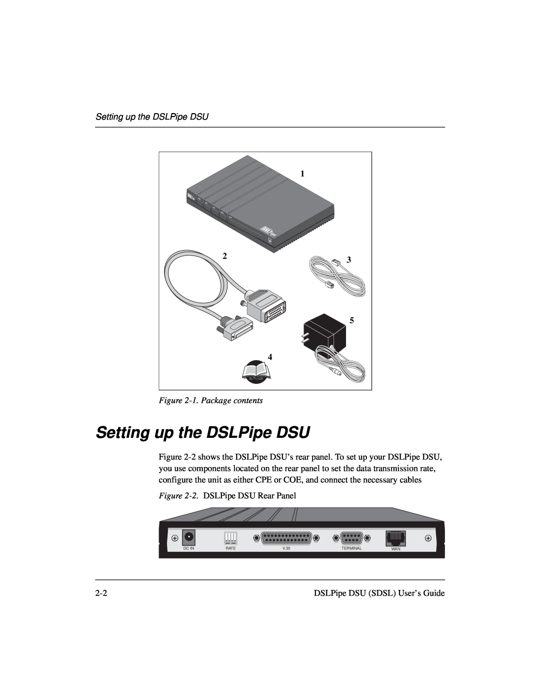 Lucent Technologies 7820-0657-001 manual Setting up the DSLPipe DSU, 1. Package contents, Dc In, Rate, V.35, Terminal 