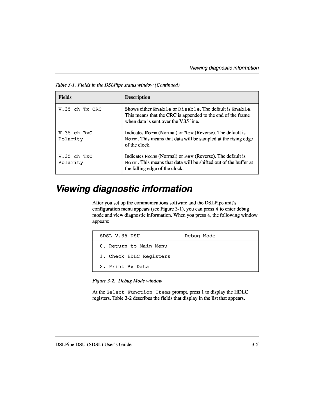 Lucent Technologies 7820-0657-001 manual Viewing diagnostic information, 2. Debug Mode window, Fields, Description 