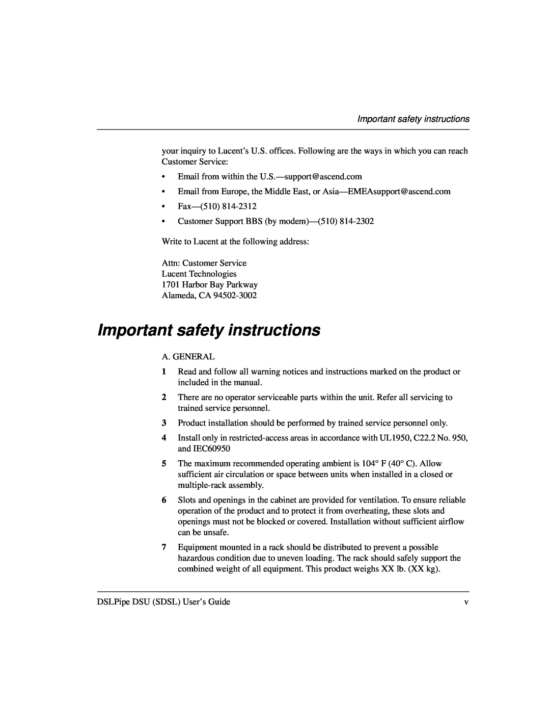 Lucent Technologies 7820-0657-001 manual Important safety instructions 
