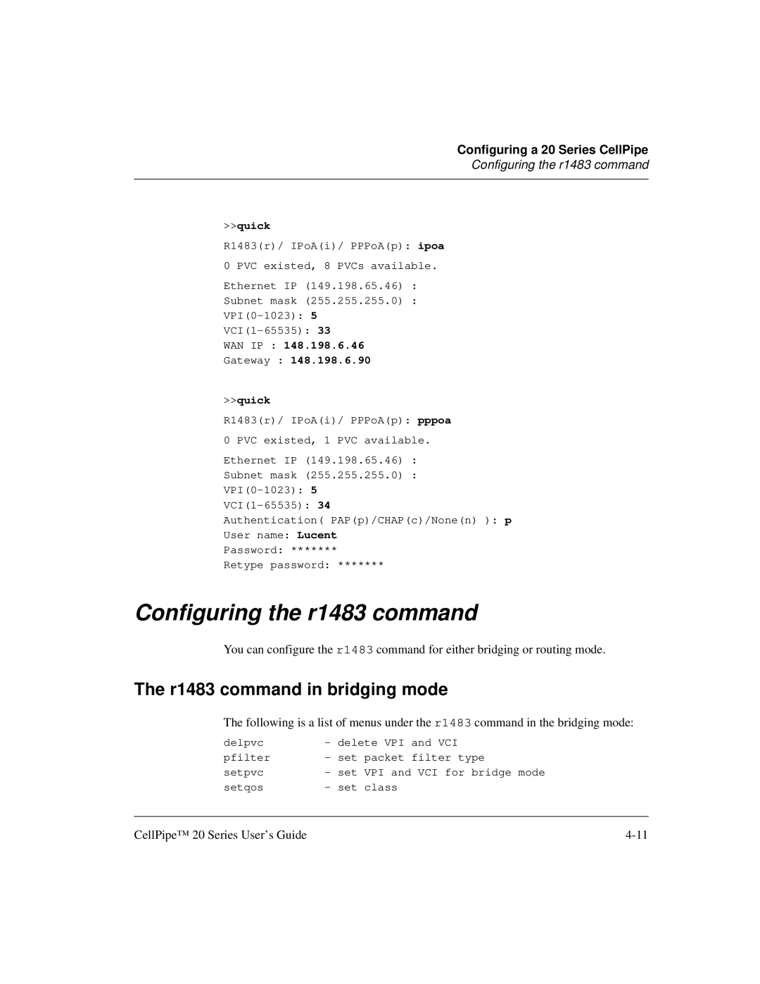 Lucent Technologies 7820-0766-004 manual Configuring the r1483 command, R1483 command in bridging mode 