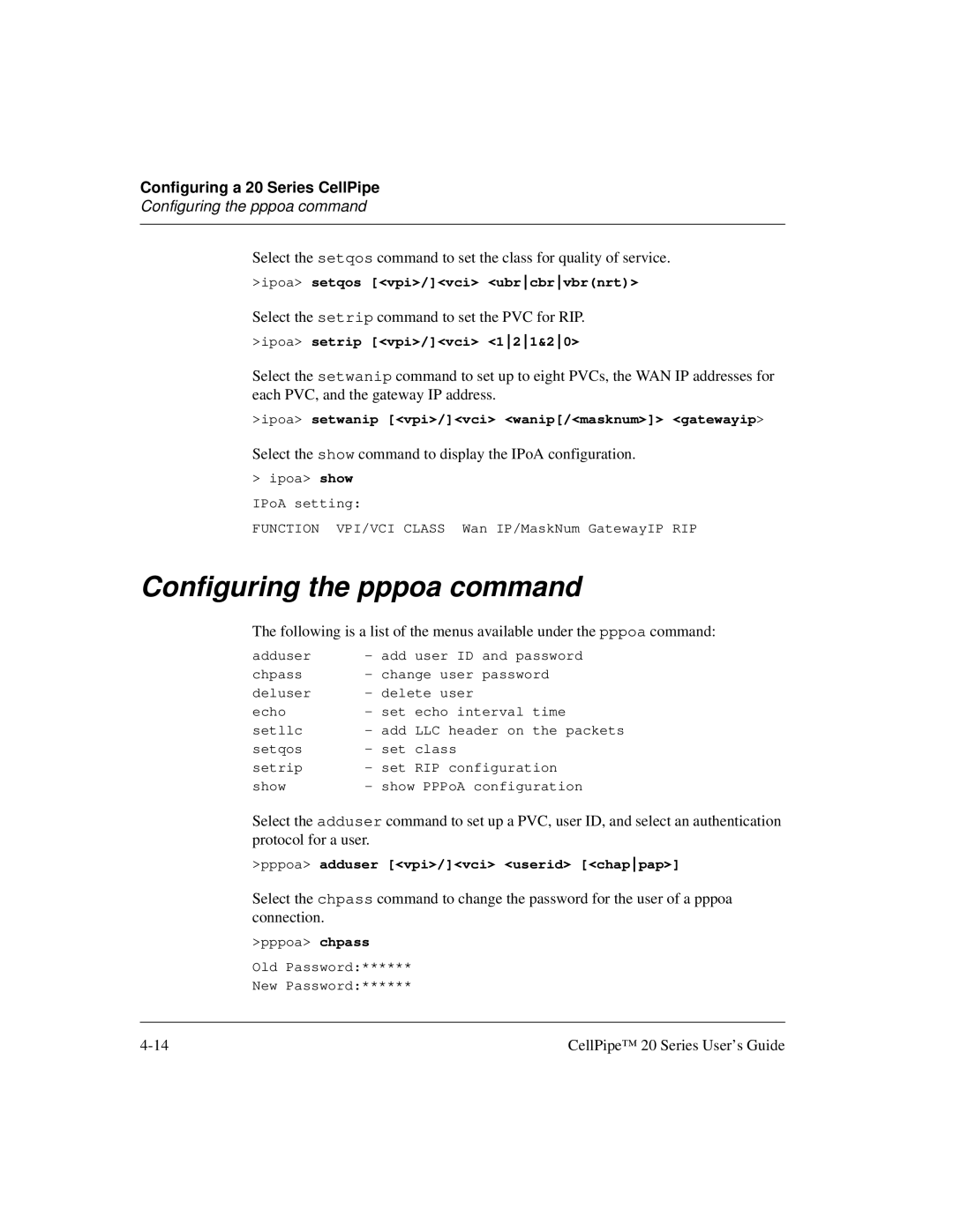 Lucent Technologies 7820-0766-004 manual Configuring the pppoa command 