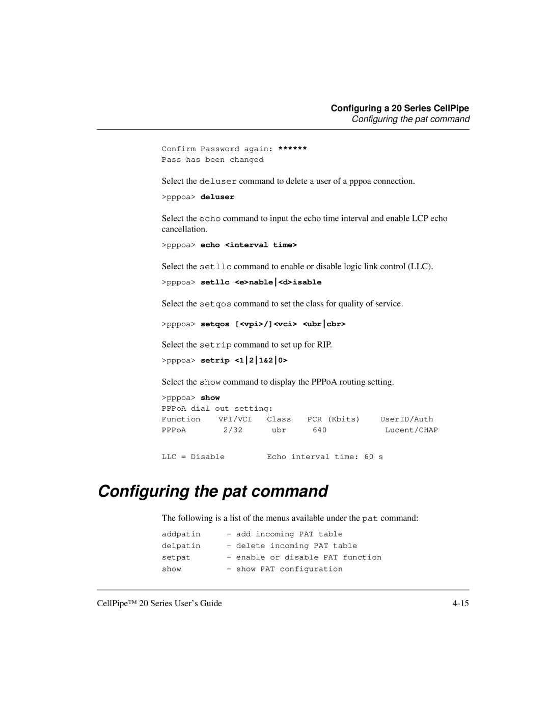 Lucent Technologies 7820-0766-004 manual Configuring the pat command 