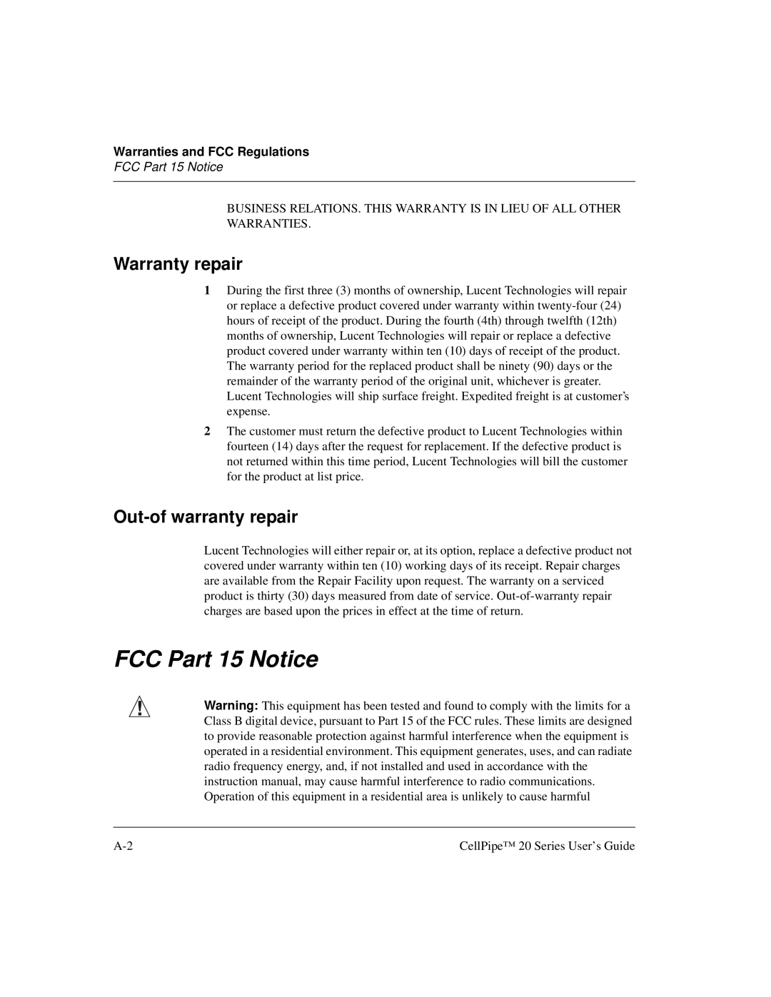 Lucent Technologies 7820-0766-004 manual FCC Part 15 Notice, Warranty repair, Out-of warranty repair 