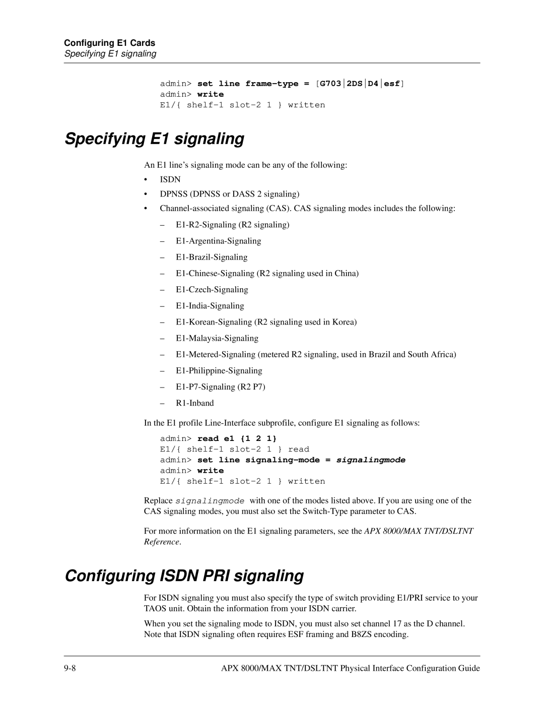 Lucent Technologies 7820-0802-003 manual Specifying E1 signaling, Admin set line frame-type = G7032DSD4esf 