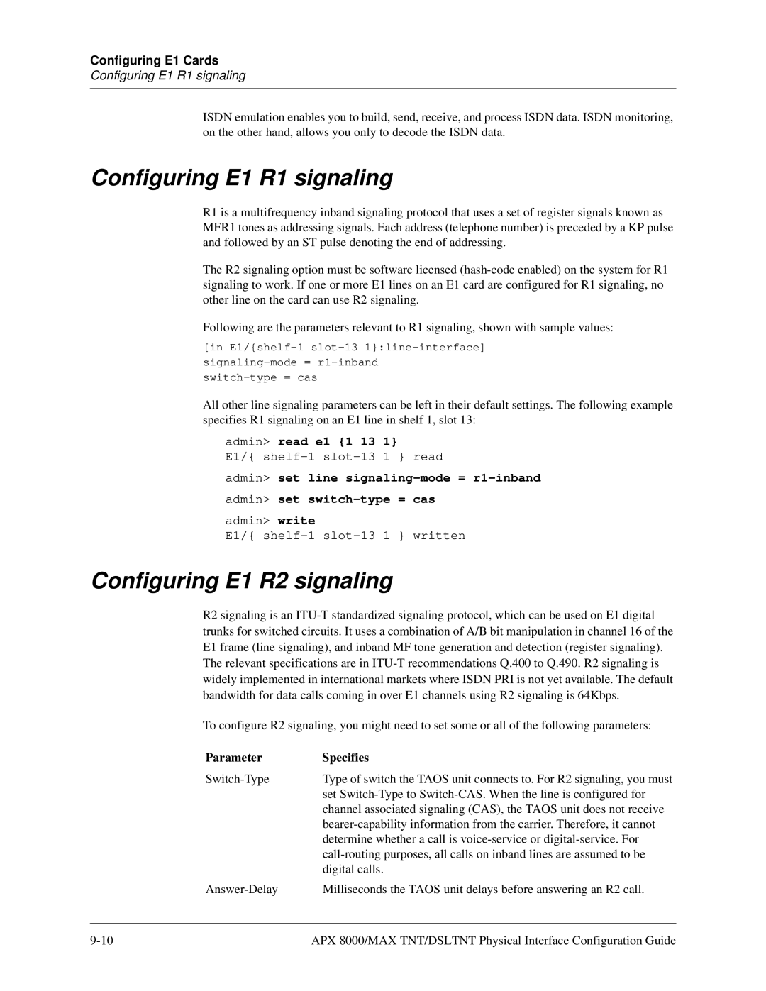 Lucent Technologies 7820-0802-003 manual Configuring E1 R1 signaling, Configuring E1 R2 signaling, Admin read e1 1 13 