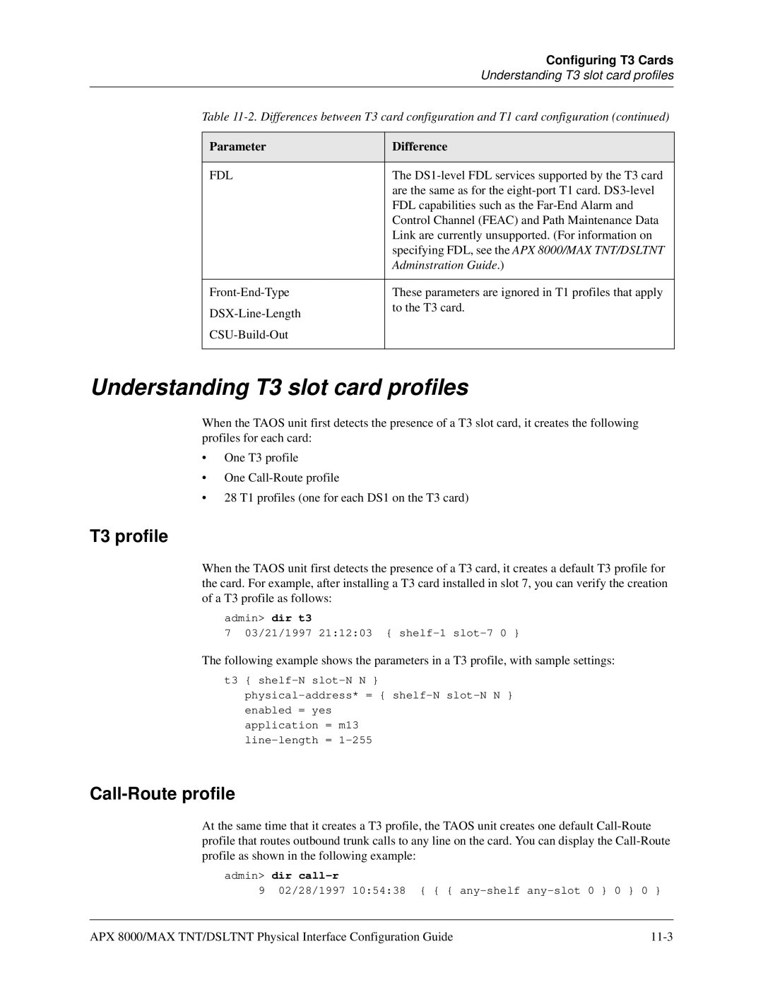 Lucent Technologies 7820-0802-003 manual Understanding T3 slot card profiles, T3 profile, Call-Route profile 